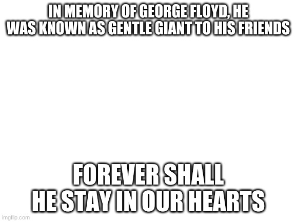 Blank White Template | IN MEMORY OF GEORGE FLOYD, HE WAS KNOWN AS GENTLE GIANT TO HIS FRIENDS; FOREVER SHALL HE STAY IN OUR HEARTS | image tagged in blank white template,black lives matter,george floyd,memes,rip,fun | made w/ Imgflip meme maker