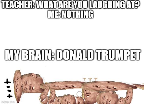 This took me sooo long |  TEACHER: WHAT ARE YOU LAUGHING AT?
ME: NOTHING; MY BRAIN: DONALD TRUMPET | image tagged in toot,oof | made w/ Imgflip meme maker