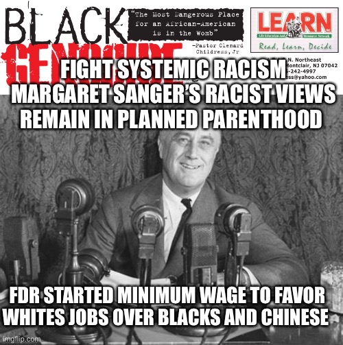 Fight long-term Systemic Racism | FIGHT SYSTEMIC RACISM MARGARET SANGER’S RACIST VIEWS REMAIN IN PLANNED PARENTHOOD; FDR STARTED MINIMUM WAGE TO FAVOR WHITES JOBS OVER BLACKS AND CHINESE | image tagged in racism,democrats | made w/ Imgflip meme maker