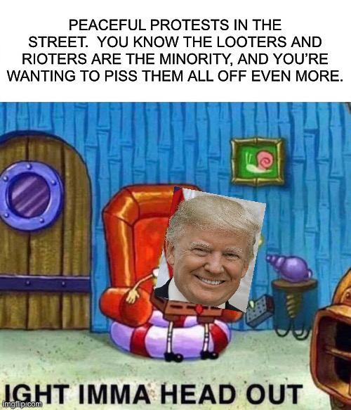 Sounds about right | PEACEFUL PROTESTS IN THE STREET.  YOU KNOW THE LOOTERS AND RIOTERS ARE THE MINORITY, AND YOU’RE WANTING TO PISS THEM ALL OFF EVEN MORE. | image tagged in memes,spongebob ight imma head out,donald trump | made w/ Imgflip meme maker