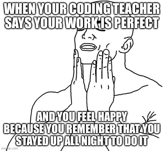 :D | WHEN YOUR CODING TEACHER SAYS YOUR WORK IS PERFECT; AND YOU FEEL HAPPY BECAUSE YOU REMEMBER THAT YOU STAYED UP ALL NIGHT TO DO IT | image tagged in satisfaction | made w/ Imgflip meme maker