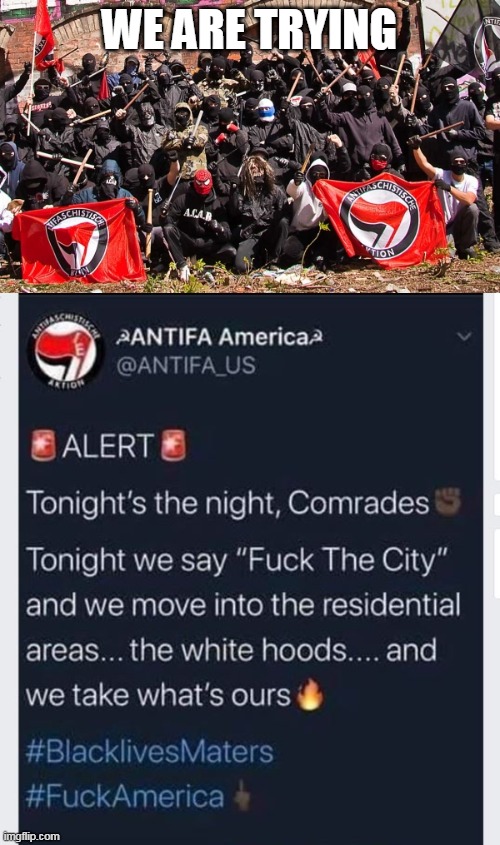 WE ARE TRYING | image tagged in antifa | made w/ Imgflip meme maker