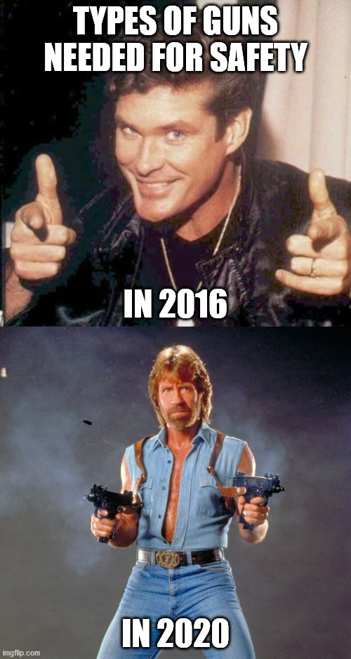 TYPES OF GUNS NEEDED FOR SAFETY; IN 2016; IN 2020 | image tagged in the hoff thinks your awesome,memes,chuck norris guns | made w/ Imgflip meme maker