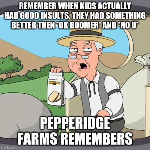 Pepperidge Farm Remembers | REMEMBER WHEN KIDS ACTUALLY HAD GOOD INSULTS. THEY HAD SOMETHING BETTER THEN *OK BOOMER* AND *NO U*; PEPPERIDGE FARMS REMEMBERS | image tagged in memes,pepperidge farm remembers | made w/ Imgflip meme maker