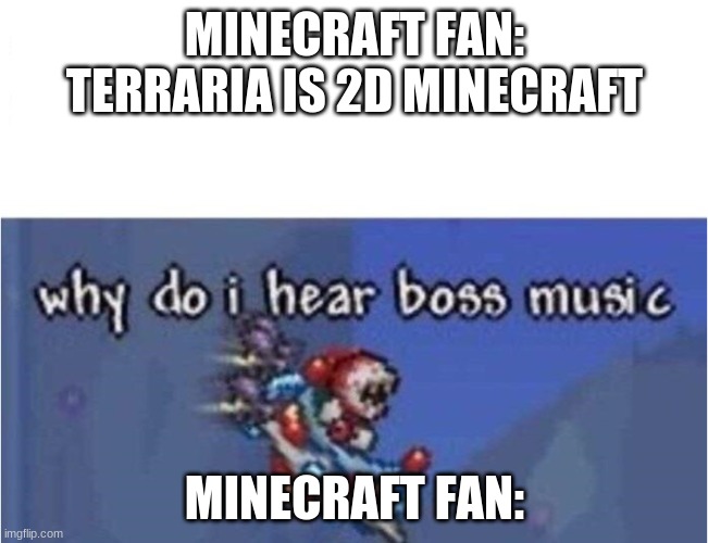 why do i hear boss music | MINECRAFT FAN: TERRARIA IS 2D MINECRAFT; MINECRAFT FAN: | image tagged in why do i hear boss music,terraria,funny,memes,minecraft,stop reading the tags | made w/ Imgflip meme maker