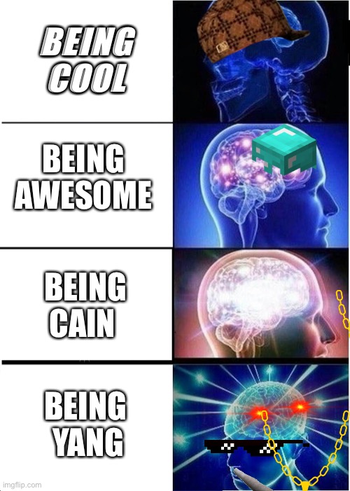 :) | BEING COOL; BEING  AWESOME; BEING CAIN; BEING  YANG | image tagged in memes,expanding brain | made w/ Imgflip meme maker