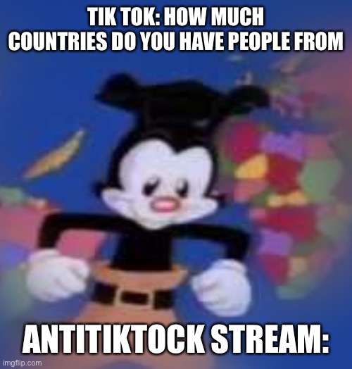 YAKKO | TIK TOK: HOW MUCH COUNTRIES DO YOU HAVE PEOPLE FROM; ANTITIKTOCK STREAM: | image tagged in yakko | made w/ Imgflip meme maker