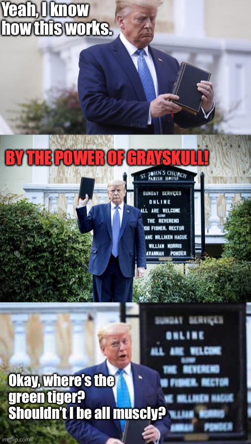 Trump Thinks He’s He-Man | Yeah, I know how this works. BY THE POWER OF GRAYSKULL! Okay, where’s the green tiger? Shouldn’t I be all muscly? | image tagged in trump,bible,grayskull | made w/ Imgflip meme maker