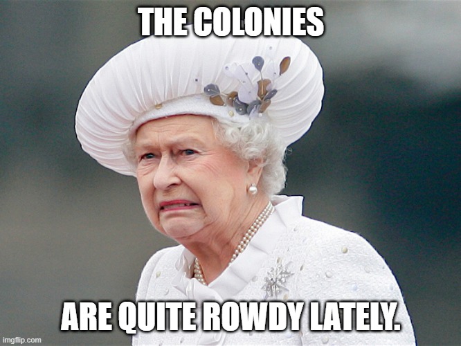The Queen is not amused! | THE COLONIES; ARE QUITE ROWDY LATELY. | image tagged in queen,queen elizabeth,grumpy cat not amused,not amused,grumpy cat | made w/ Imgflip meme maker