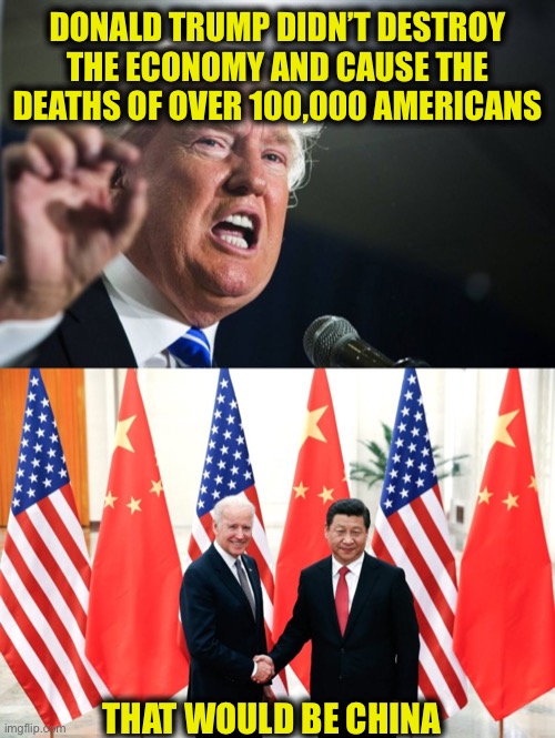 The China Virus | DONALD TRUMP DIDN’T DESTROY THE ECONOMY AND CAUSE THE DEATHS OF OVER 100,000 AMERICANS; THAT WOULD BE CHINA | image tagged in donald trump,coronavirus,covid19,china,joe biden | made w/ Imgflip meme maker