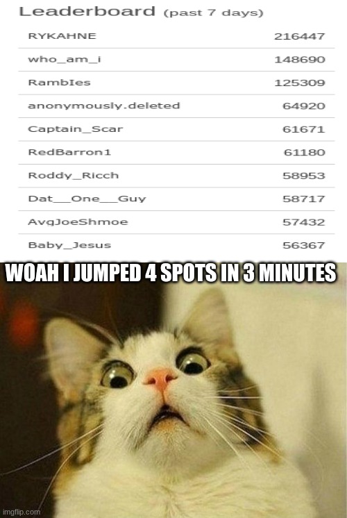 WOAH I JUMPED 4 SPOTS IN 3 MINUTES | image tagged in memes,scared cat | made w/ Imgflip meme maker