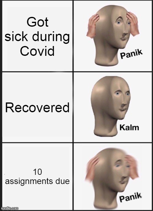Covid | Got sick during Covid; Recovered; 10 assignments due | image tagged in memes,panik kalm panik | made w/ Imgflip meme maker