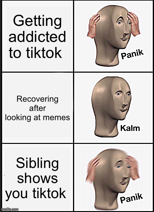 getting addicted to tiktok | Getting addicted to tiktok; Recovering after looking at memes; Sibling shows you tiktok | image tagged in memes,panik kalm panik,tiktok | made w/ Imgflip meme maker