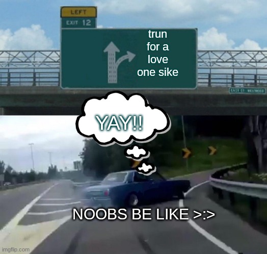 Left Exit 12 Off Ramp Meme | trun for a love one sike; YAY!! NOOBS BE LIKE >:> | image tagged in memes,left exit 12 off ramp | made w/ Imgflip meme maker