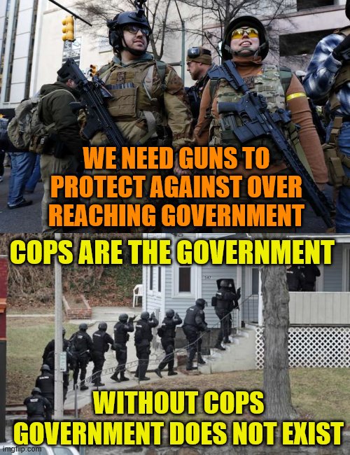 WE NEED GUNS TO PROTECT AGAINST OVER REACHING GOVERNMENT; COPS ARE THE GOVERNMENT; WITHOUT COPS GOVERNMENT DOES NOT EXIST | image tagged in swat conga line,guns guns guns | made w/ Imgflip meme maker