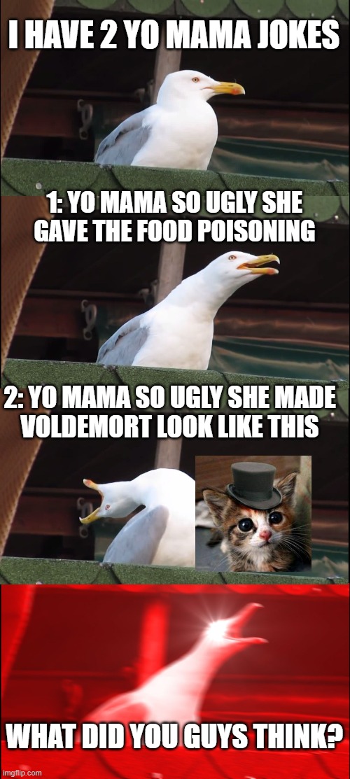 Inhaling Seagull yo mama ugly jokes | I HAVE 2 YO MAMA JOKES; 1: YO MAMA SO UGLY SHE
GAVE THE FOOD POISONING; 2: YO MAMA SO UGLY SHE MADE
VOLDEMORT LOOK LIKE THIS; WHAT DID YOU GUYS THINK? | image tagged in memes,inhaling seagull | made w/ Imgflip meme maker