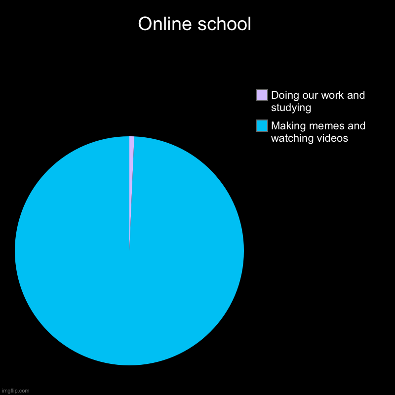 Online school | Making memes and watching videos, Doing our work and studying | image tagged in charts,pie charts,funny memes,lol | made w/ Imgflip chart maker