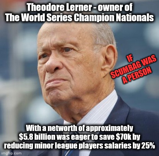 Had to cover grandson's tuition | Theodore Lerner - owner of The World Series Champion Nationals; IF SCUMBAG WAS A PERSON; With a networth of approximately $5.8 billion was eager to save $70k by reducing minor league players salaries by 25% | image tagged in mlb baseball,billionaire,arrogant rich man,trump supporter | made w/ Imgflip meme maker