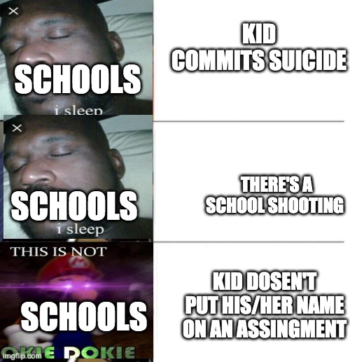 Spent way 2 much time on this | KID COMMITS SUICIDE; SCHOOLS; THERE'S A SCHOOL SHOOTING; SCHOOLS; KID DOSEN'T PUT HIS/HER NAME ON AN ASSINGMENT; SCHOOLS | image tagged in tuxedo winnie the pooh 3 panel | made w/ Imgflip meme maker