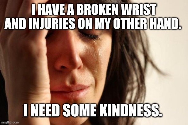 First World Problems Meme | I HAVE A BROKEN WRIST AND INJURIES ON MY OTHER HAND. I NEED SOME KINDNESS. | image tagged in memes,first world problems | made w/ Imgflip meme maker