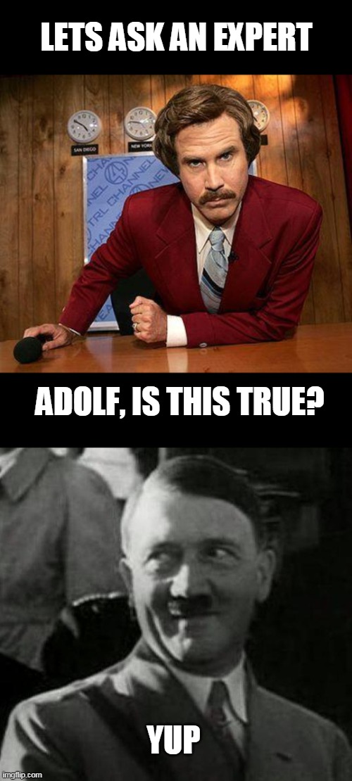 LETS ASK AN EXPERT ADOLF, IS THIS TRUE? YUP | image tagged in hitler laugh,ron burgundy | made w/ Imgflip meme maker