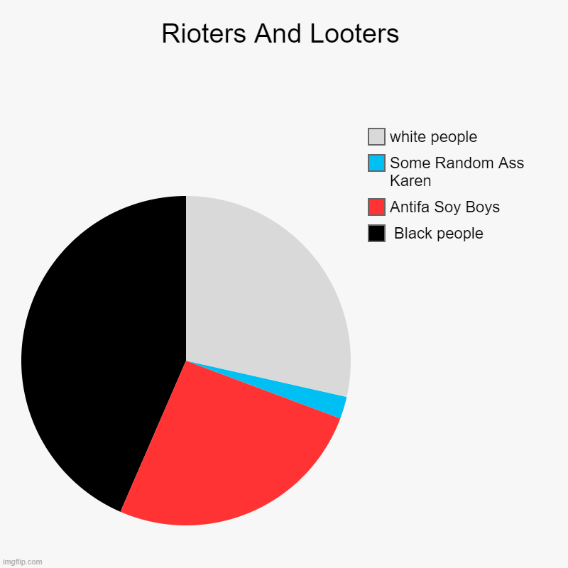 Tell me what groups are missing lol. | Rioters And Looters |  Black people , Antifa Soy Boys, Some Random Ass Karen, white people | image tagged in riots,looters | made w/ Imgflip chart maker