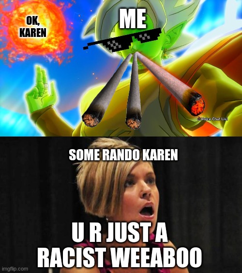 you're going to have to read from bottom to top, I made the meme wrong | ME; OK, KAREN; SOME RANDO KAREN; U R JUST A RACIST WEEABOO | image tagged in karen,zamasu,ok boomer,like a boss | made w/ Imgflip meme maker