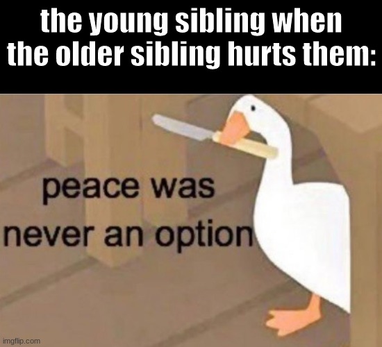 Peace was never an option | the young sibling when the older sibling hurts them: | image tagged in peace was never an option | made w/ Imgflip meme maker