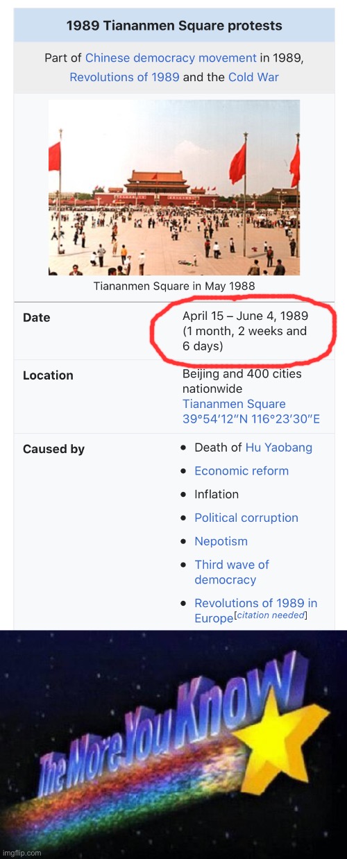 The Tiananmen Square protests continued for nearly seven weeks before the CCP used force. The more you know. | image tagged in the more you know,tiananmen square protests,protests,protest,violence,military | made w/ Imgflip meme maker