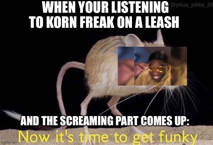 Now it’s time to get funky | WHEN YOUR LISTENING TO KORN FREAK ON A LEASH; AND THE SCREAMING PART COMES UP: | image tagged in now its time to get funky,korn,heavy metal | made w/ Imgflip meme maker