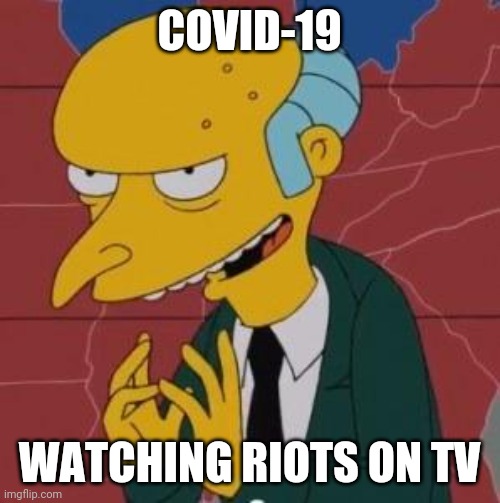 Covid-19 Watching Riots |  COVID-19; WATCHING RIOTS ON TV | image tagged in mr burns excellent | made w/ Imgflip meme maker