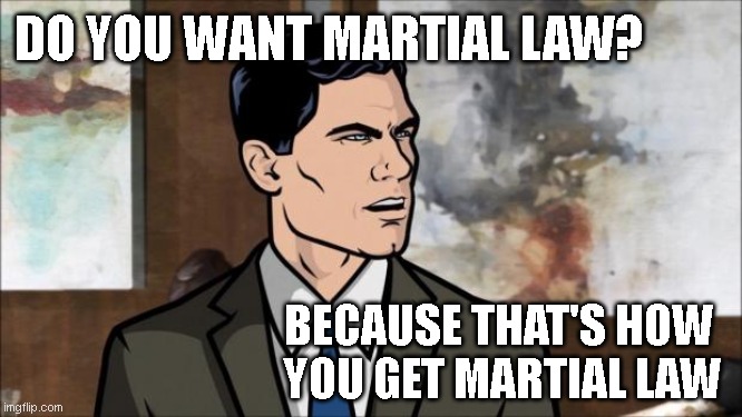 Archer | DO YOU WANT MARTIAL LAW? BECAUSE THAT'S HOW 
YOU GET MARTIAL LAW | image tagged in archer | made w/ Imgflip meme maker