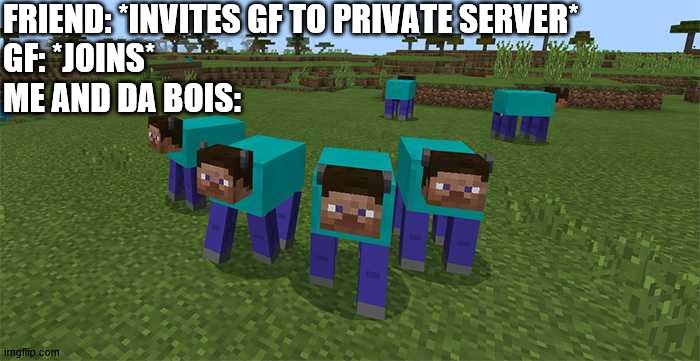 true dat | FRIEND: *INVITES GF TO PRIVATE SERVER*
GF: *JOINS*
ME AND DA BOIS: | image tagged in me and the boys,cool | made w/ Imgflip meme maker