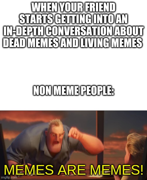 WHEN YOUR FRIEND STARTS GETTING INTO AN IN-DEPTH CONVERSATION ABOUT DEAD MEMES AND LIVING MEMES 
                                                                                           
NON MEME PEOPLE:; MEMES ARE MEMES! | image tagged in blank white template,math is math,memes,imgflip | made w/ Imgflip meme maker