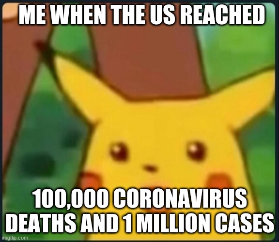 Surprised Pikachu | ME WHEN THE US REACHED; 100,000 CORONAVIRUS DEATHS AND 1 MILLION CASES | image tagged in surprised pikachu | made w/ Imgflip meme maker
