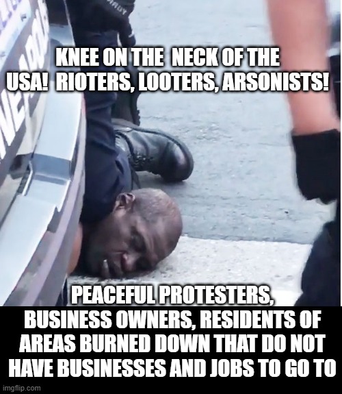 Knee On The Neck Of The USA! Rioters, Looters, Arsonists and MURDERERS! | KNEE ON THE  NECK OF THE USA!  RIOTERS, LOOTERS, ARSONISTS! PEACEFUL PROTESTERS, BUSINESS OWNERS, RESIDENTS OF AREAS BURNED DOWN THAT DO NOT HAVE BUSINESSES AND JOBS TO GO TO | image tagged in usa | made w/ Imgflip meme maker