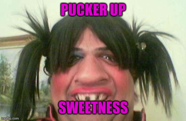 ugly woman with pigtails | PUCKER UP; SWEETNESS | image tagged in ugly woman with pigtails | made w/ Imgflip meme maker