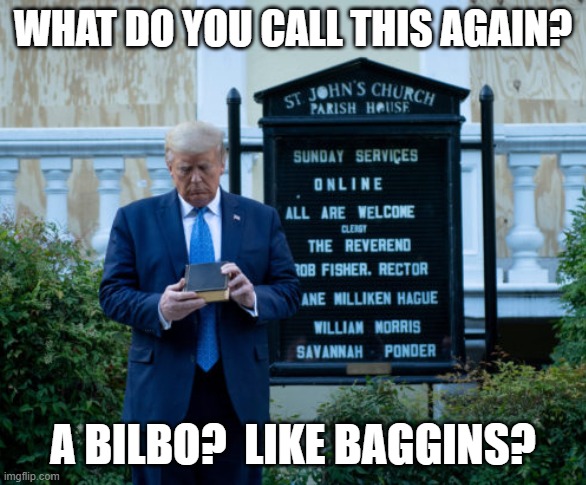 Trump and a bible | WHAT DO YOU CALL THIS AGAIN? A BILBO?  LIKE BAGGINS? | image tagged in trump,bible,trump photo op | made w/ Imgflip meme maker