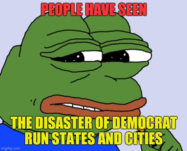Pepe cringe | PEOPLE HAVE SEEN THE DISASTER OF DEMOCRAT RUN STATES AND CITIES | image tagged in pepe cringe | made w/ Imgflip meme maker