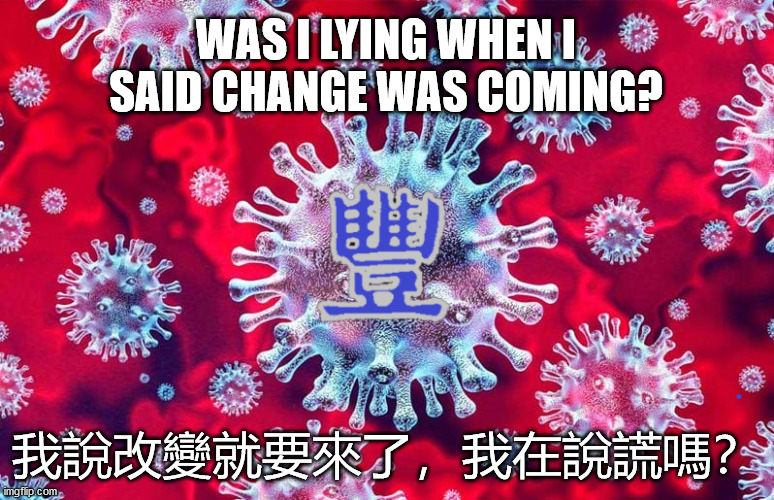 WAS I LYING WHEN I SAID CHANGE WAS COMING? 我說改變就要來了，我在說謊嗎？ | image tagged in covid | made w/ Imgflip meme maker