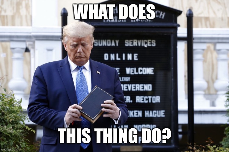 Trump bible | WHAT DOES; THIS THING DO? | image tagged in donald trumph hair,serious trump | made w/ Imgflip meme maker