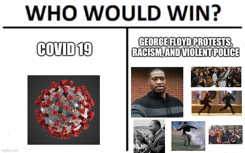 Post your opinion.. | GEORGE FLOYD PROTESTS, RACISM, AND VIOLENT POLICE; COVID 19 | image tagged in memes,who would win | made w/ Imgflip meme maker
