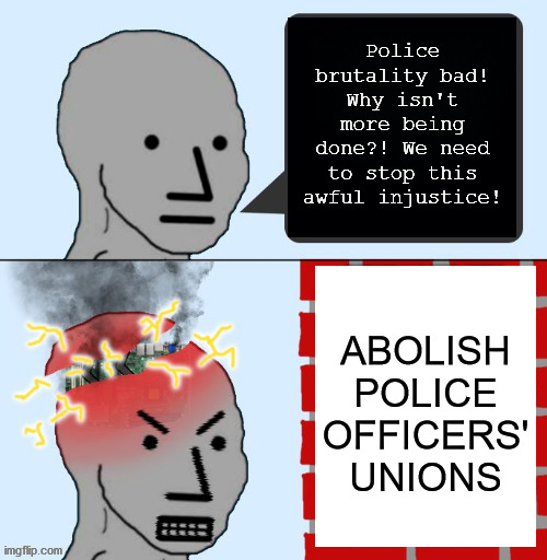 Police brutality bad! Why isn't more being done?! We need to stop this awful injustice! ABOLISH POLICE OFFICERS' UNIONS | image tagged in npc,police,police brutality,george floyd,leftists,union | made w/ Imgflip meme maker