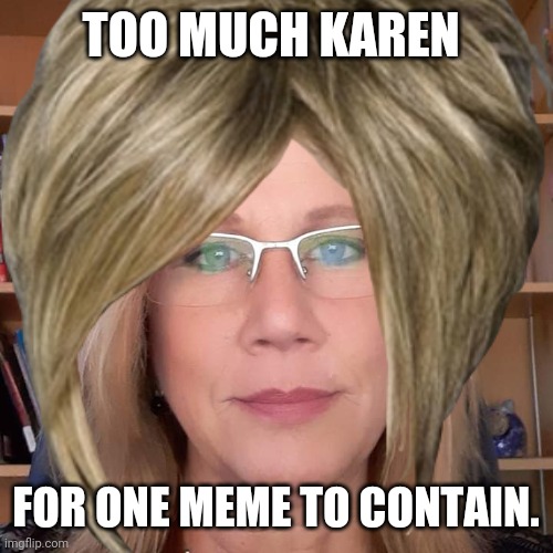 Karen Today | TOO MUCH KAREN; FOR ONE MEME TO CONTAIN. | image tagged in karen | made w/ Imgflip meme maker