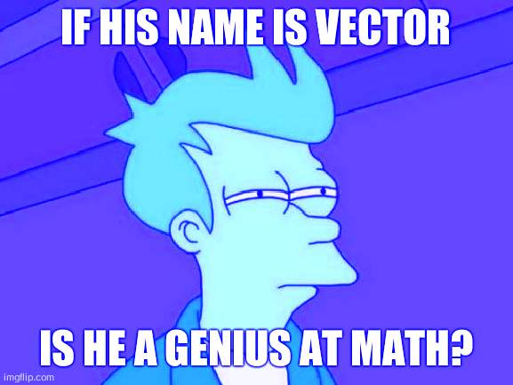 Hmmm | IF HIS NAME IS VECTOR; IS HE A GENIUS AT MATH? | image tagged in memes,futurama fry | made w/ Imgflip meme maker