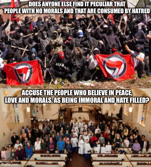 DOES ANYONE ELSE FIND IT PECULIAR THAT PEOPLE WITH NO MORALS AND THAT ARE CONSUMED BY HATRED; ACCUSE THE PEOPLE WHO BELIEVE IN PEACE, LOVE AND MORALS, AS BEING IMMORAL AND HATE FILLED? | image tagged in antifa | made w/ Imgflip meme maker