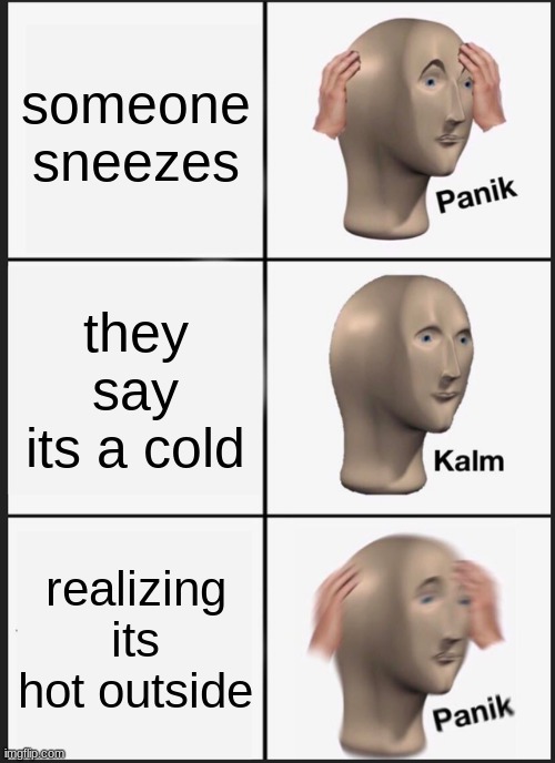 corona meme lol | someone sneezes; they say its a cold; realizing its hot outside | image tagged in memes,panik kalm panik | made w/ Imgflip meme maker