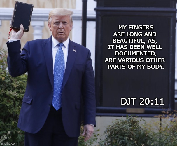 Bible Trumper | MY FINGERS ARE LONG AND 
BEAUTIFUL, AS, 
IT HAS BEEN WELL 
DOCUMENTED, ARE VARIOUS OTHER 
PARTS OF MY BODY. DJT 20:11 | image tagged in bible trumper | made w/ Imgflip meme maker