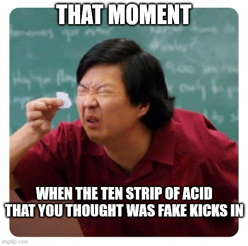 THAT MOMENT; WHEN THE TEN STRIP OF ACID THAT YOU THOUGHT WAS FAKE KICKS IN | image tagged in lsd | made w/ Imgflip meme maker