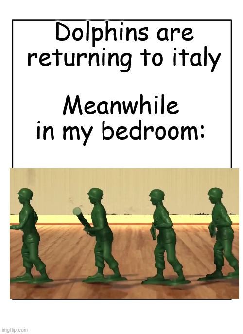 Blank Template | Dolphins are returning to italy; Meanwhile in my bedroom: | image tagged in blank template | made w/ Imgflip meme maker